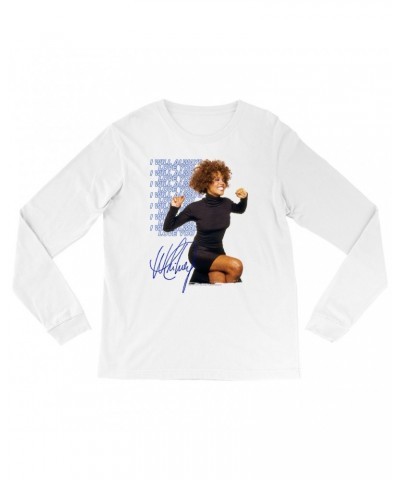 Whitney Houston Long Sleeve Shirt | I Will Always Love You Blue Repeating Image Distressed Shirt $7.92 Shirts