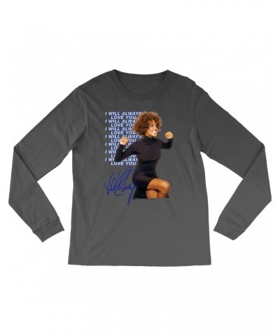 Whitney Houston Long Sleeve Shirt | I Will Always Love You Blue Repeating Image Distressed Shirt $7.92 Shirts