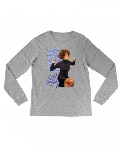 Whitney Houston Long Sleeve Shirt | I Will Always Love You Blue Repeating Image Distressed Shirt $7.92 Shirts