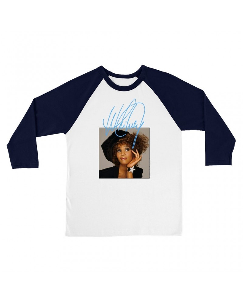 Whitney Houston 3/4 Sleeve Baseball Tee | Whitney Star Photoshoot With True Blue Signature Shirt $5.27 Shirts